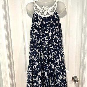 Madison Paige Navy & White Chiffon Ruffle Dress w/Neckline Details, Size L